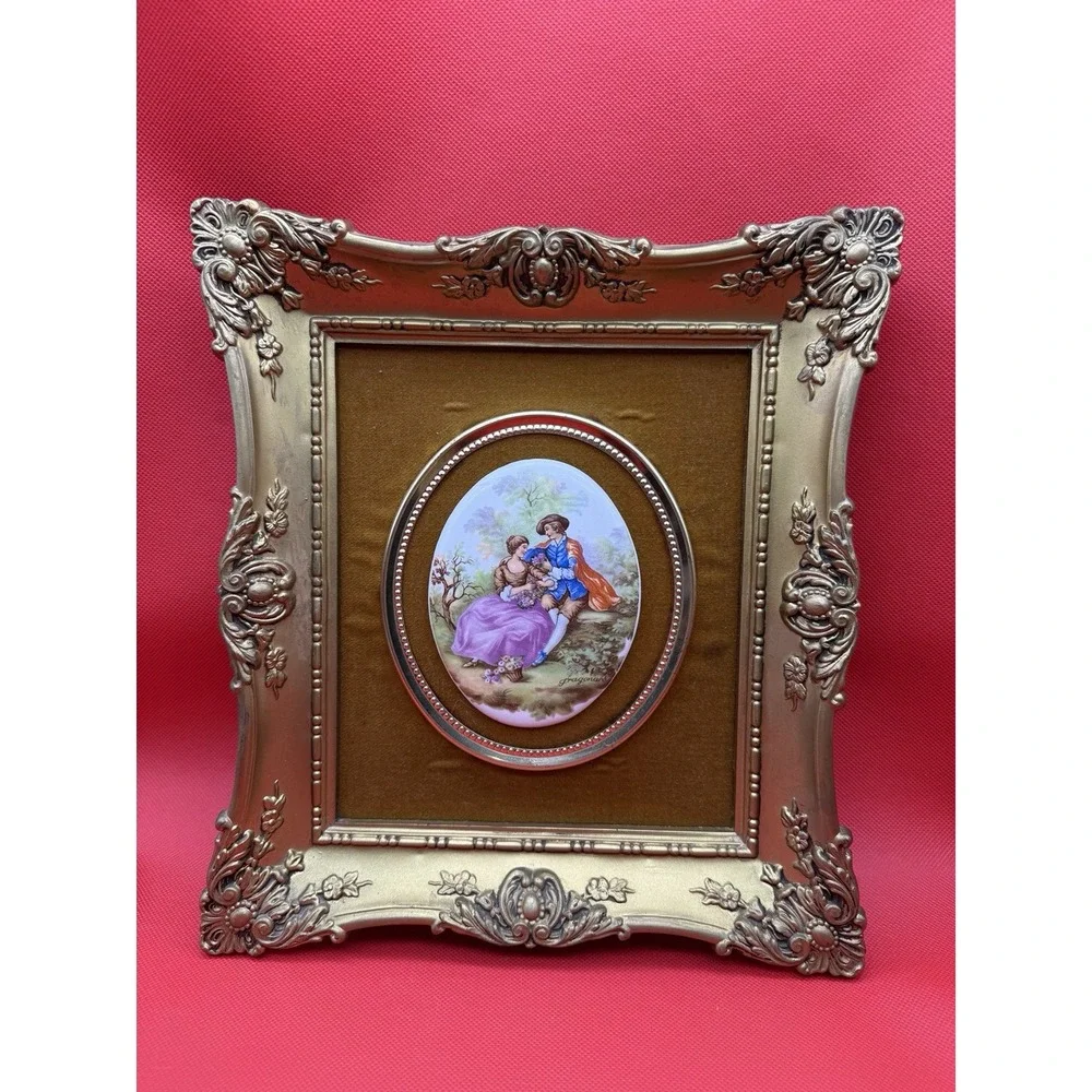 Set Of 3 Vintage Fragonard Cameo Porcelain Plaques Ornate Gold Frames